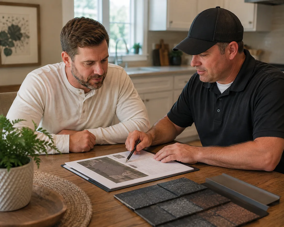 Homeowner reviewing a roofing cost estimate with a contractor at the kitchen table