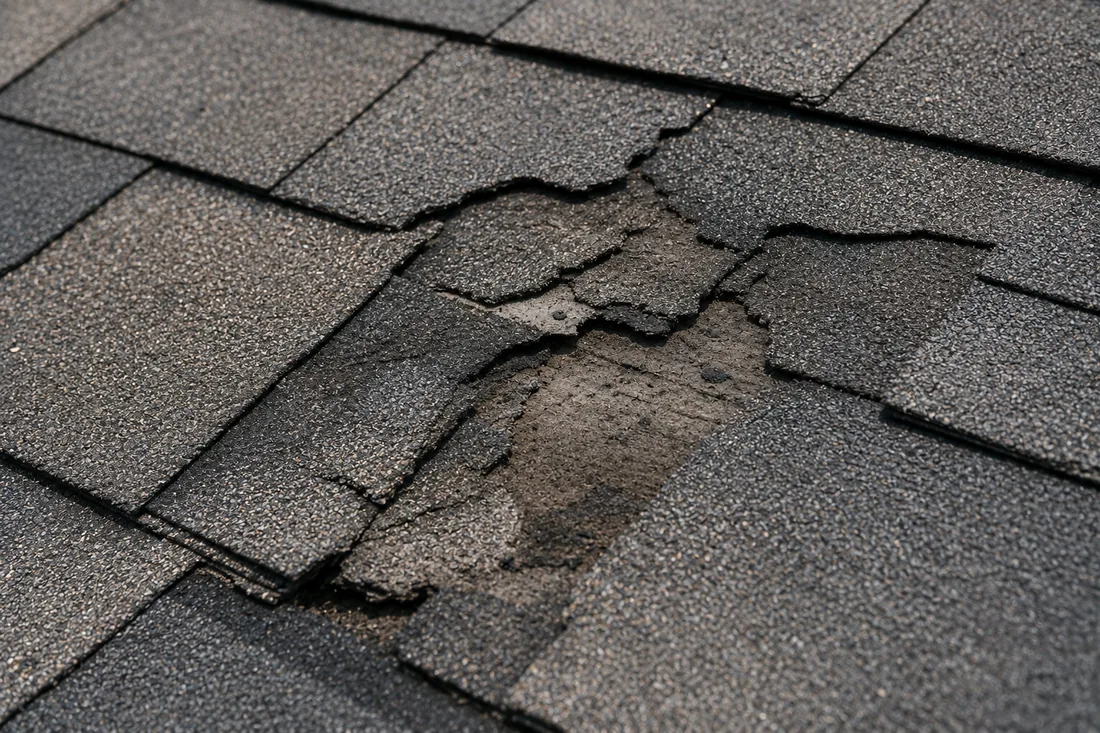 Cracked and curling asphalt shingles