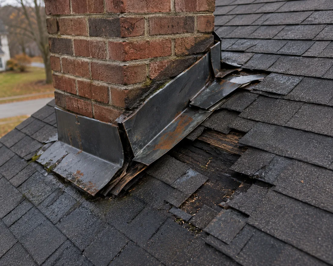Damaged chimney flashing and shingles