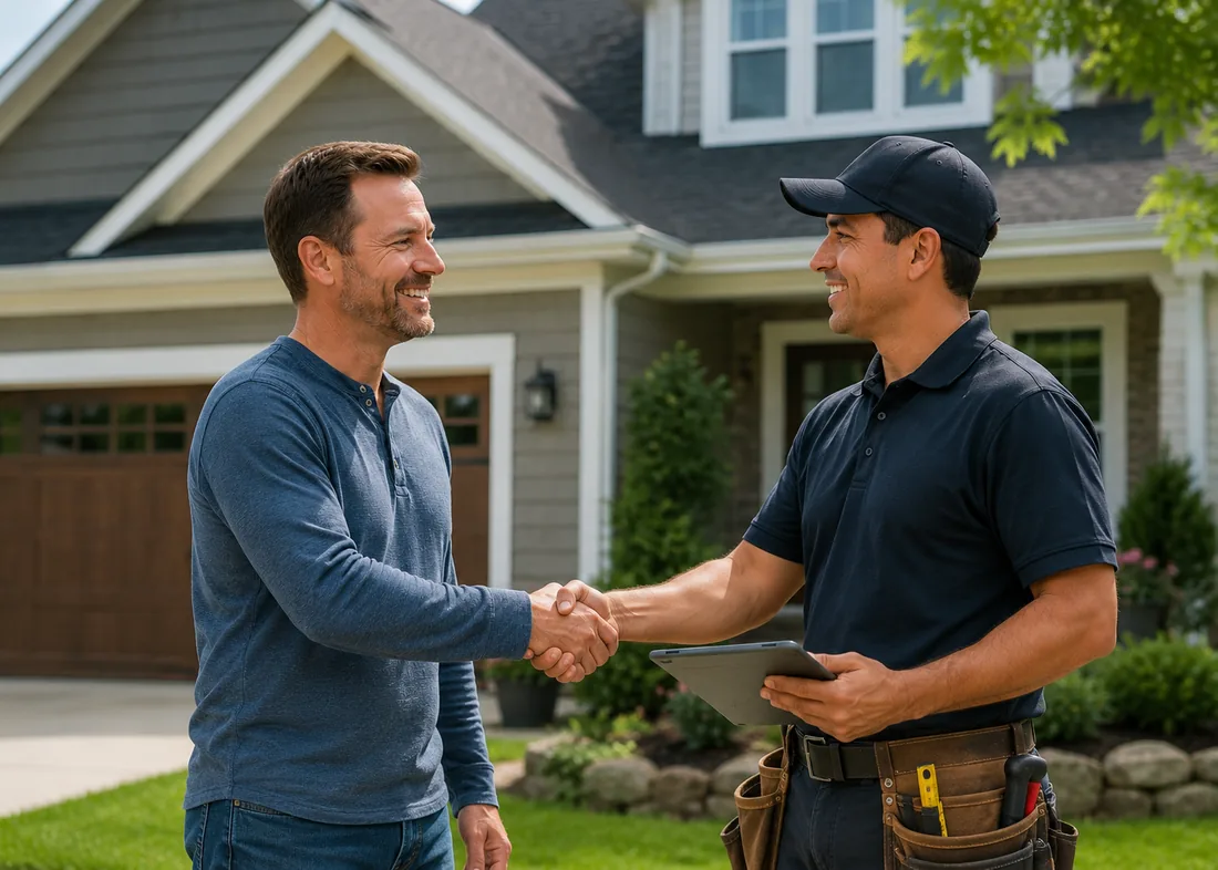 Homeowner shaking hands with a roofing contractor