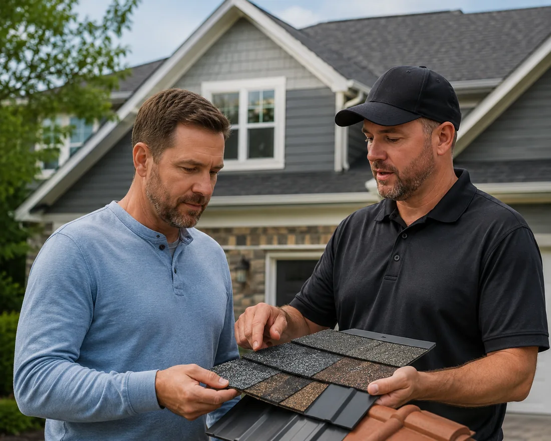 Homeowner discussing roof replacement options with a roofer