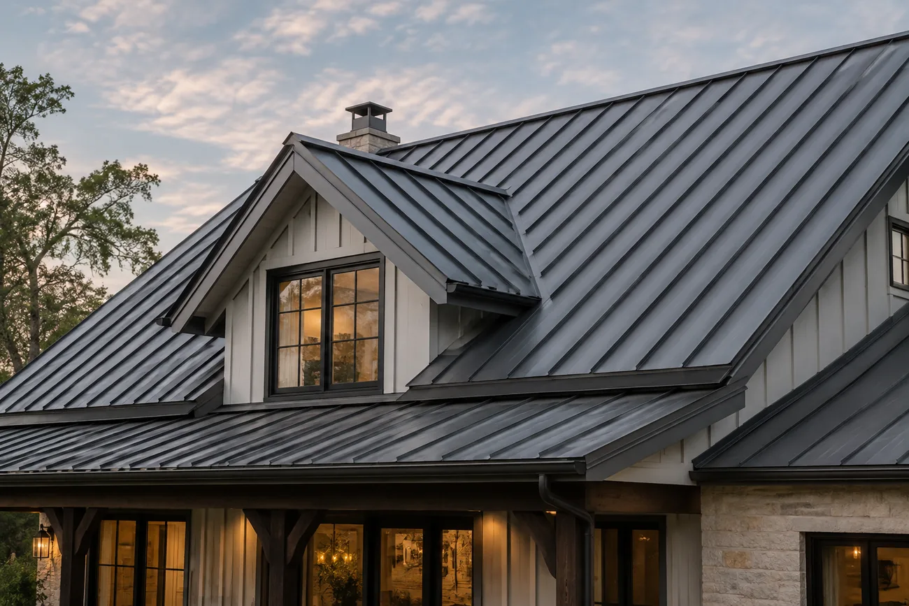Modern farmhouse with a metal roof at dusk