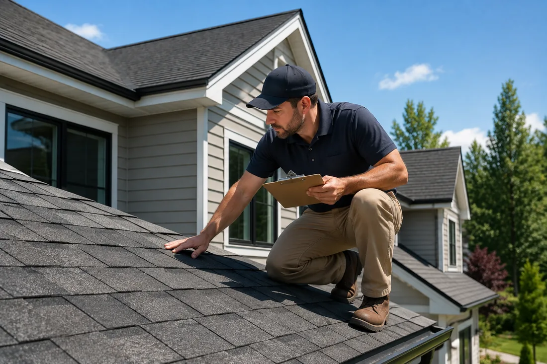 Roof inspector examining shingles