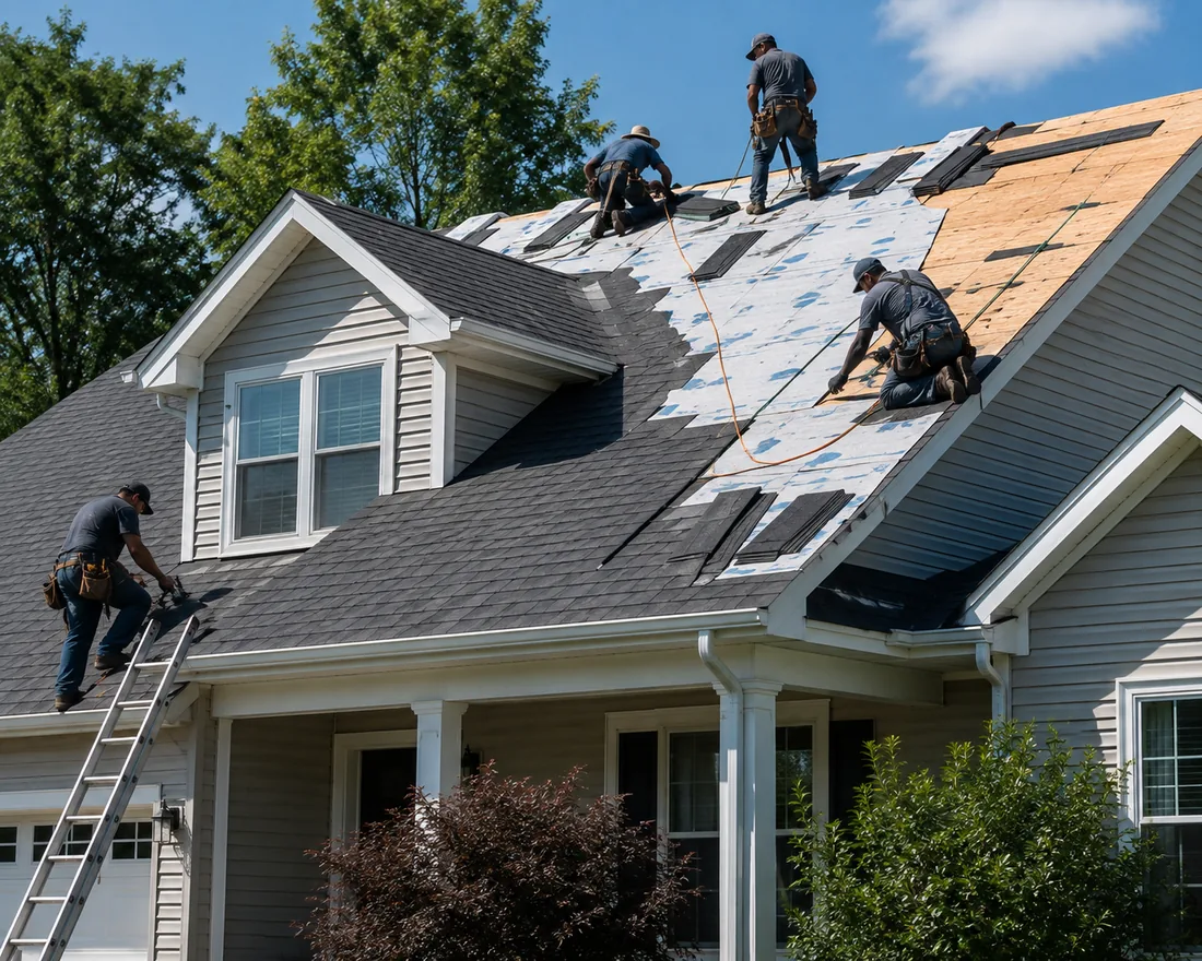 Roofing crew replacing a suburban roof
