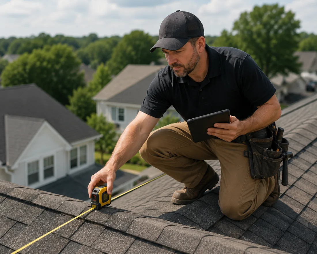 Roofer inspecting and measuring a roof