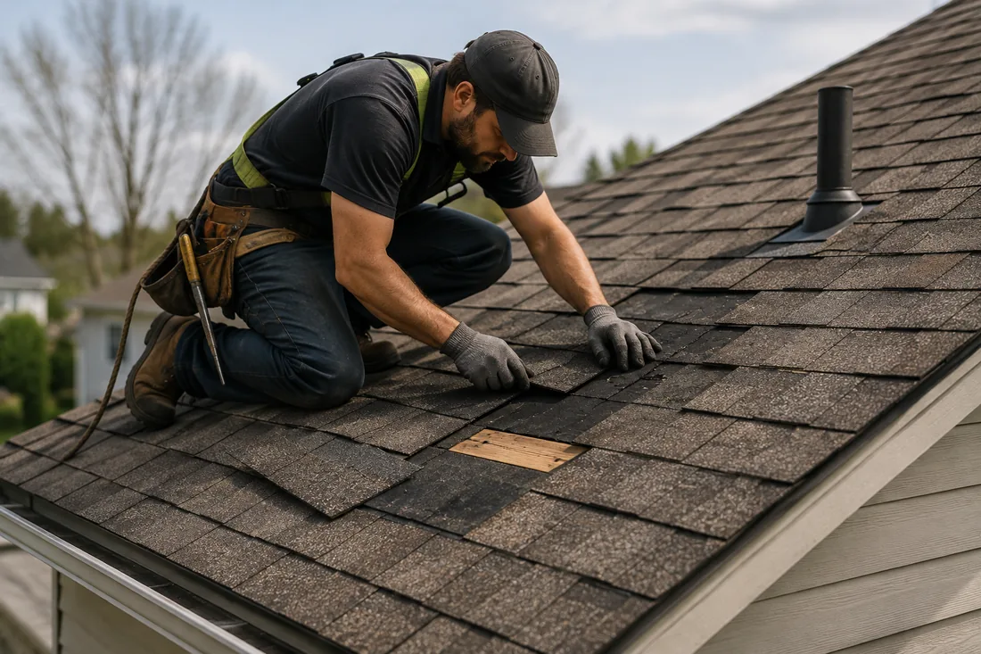 Roofer repairing and maintaining shingles