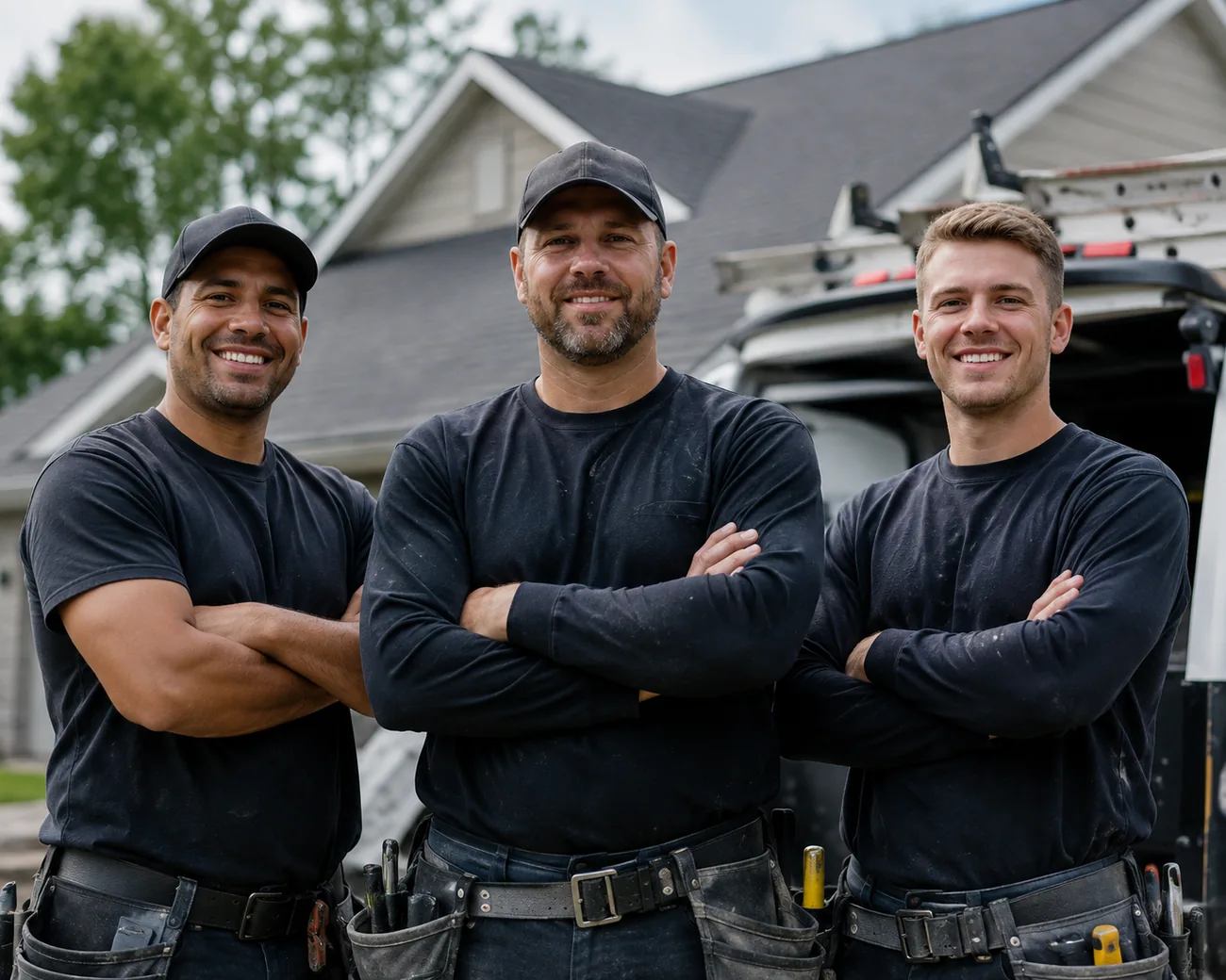 Confident professional roofing team on site
