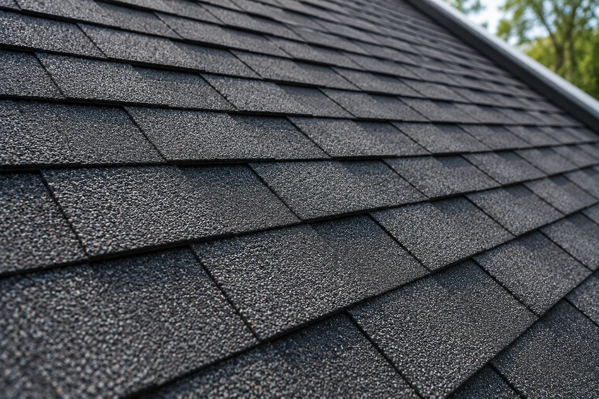 Worn charcoal asphalt shingles in sunlight