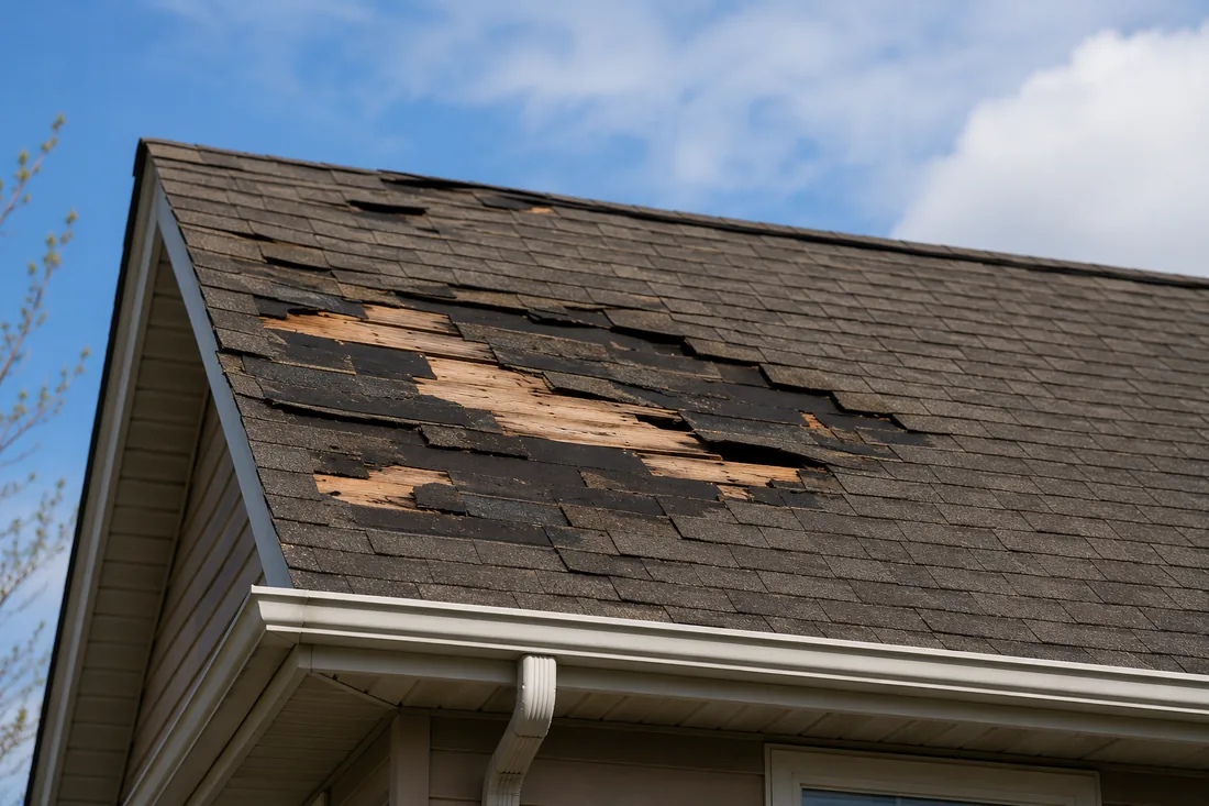 Storm-damaged roof under blue skies