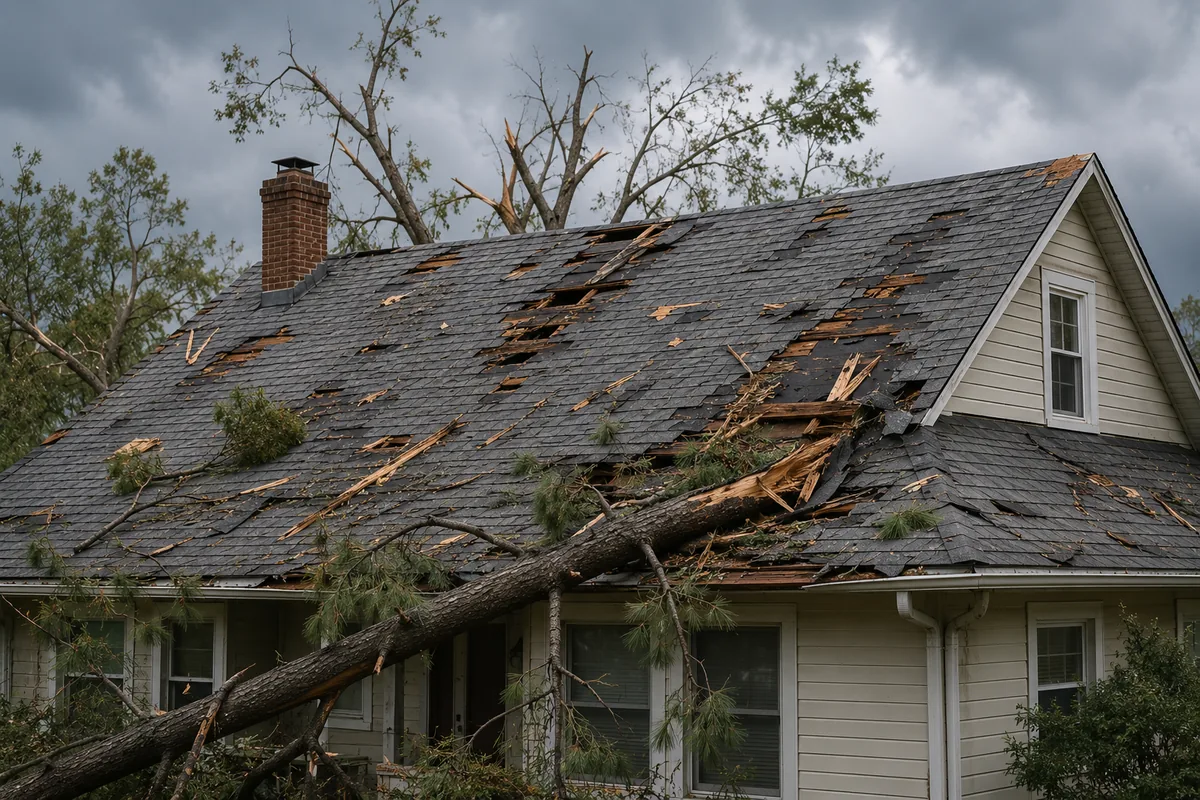 Storm-damaged roof beneath a fallen tree