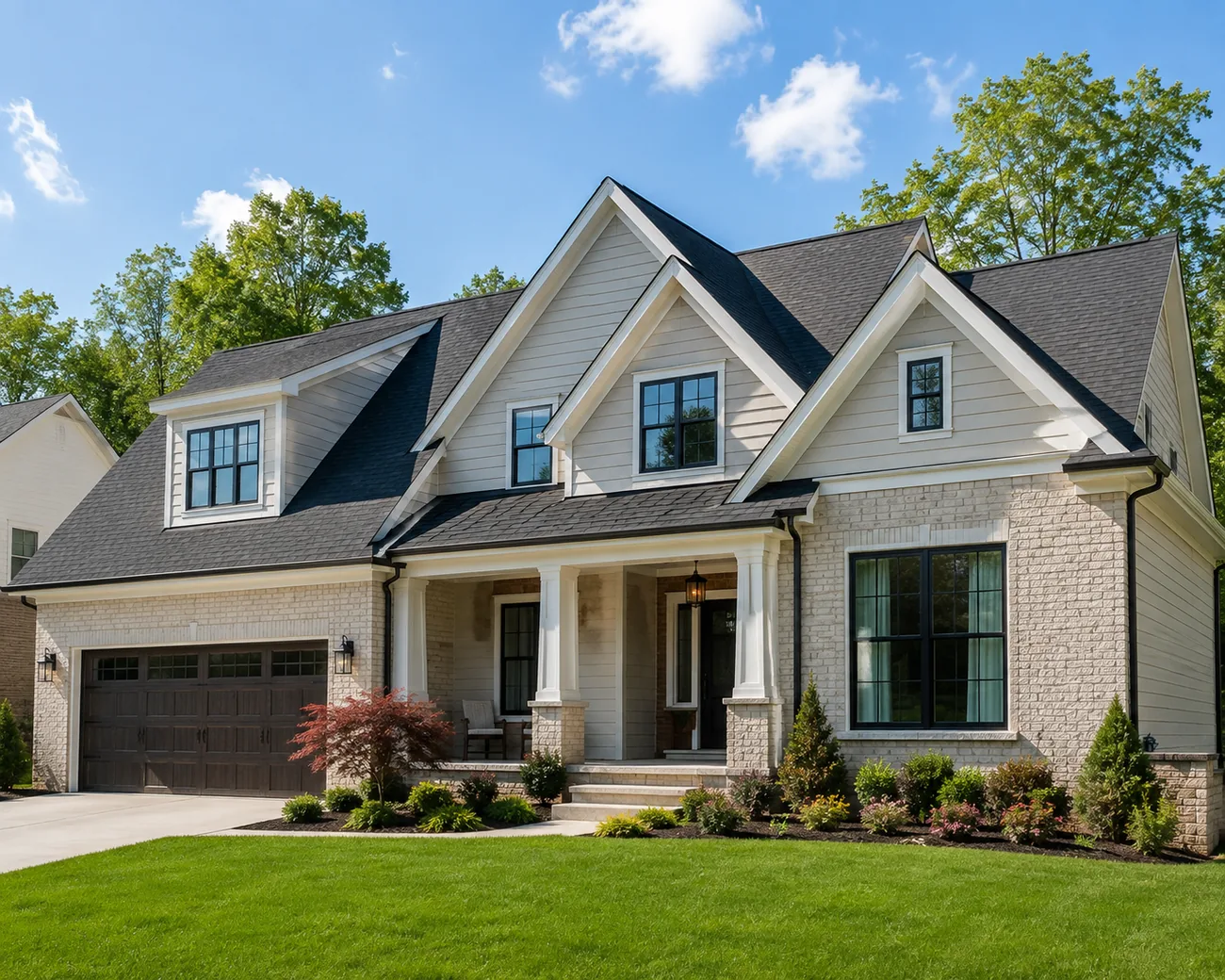American suburban neighborhood of homes with well-kept roofs
